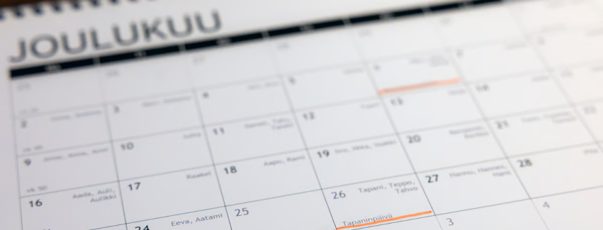 Calendar showing Finland's public holidays